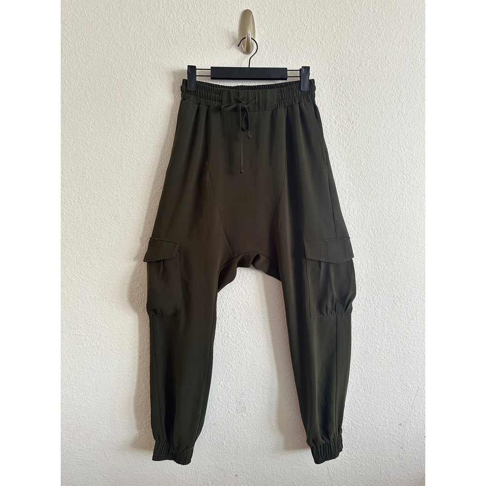 Ruti Olive Green Drop Crotch Harem Cargo Jogger Pants Drawstring Waist Utility 0